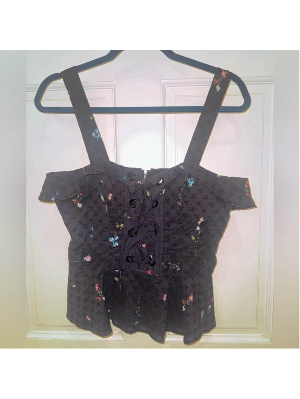 Parker navy blue Floral Lace-Up Tank Top NWOT